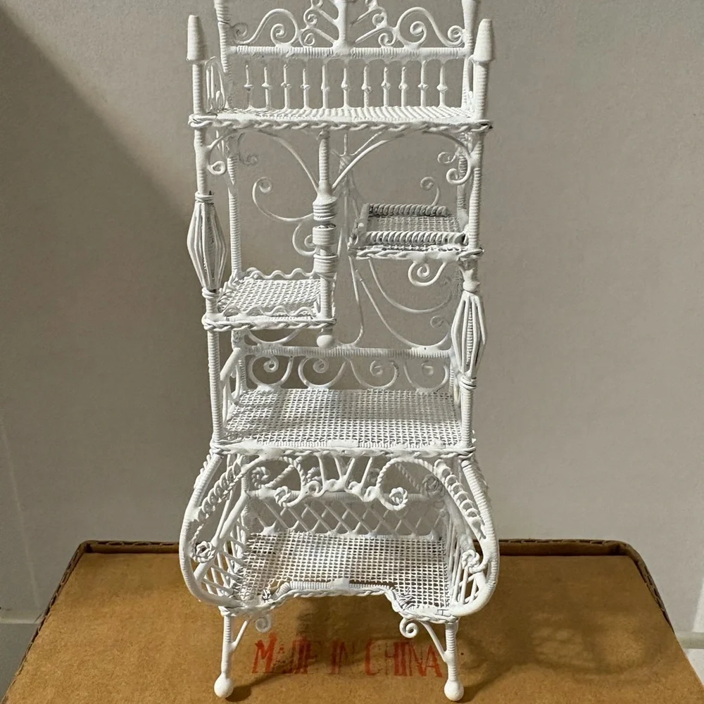 miniature‎ white metal Victorian-style wicker etagere display shelf Wrought Iron
